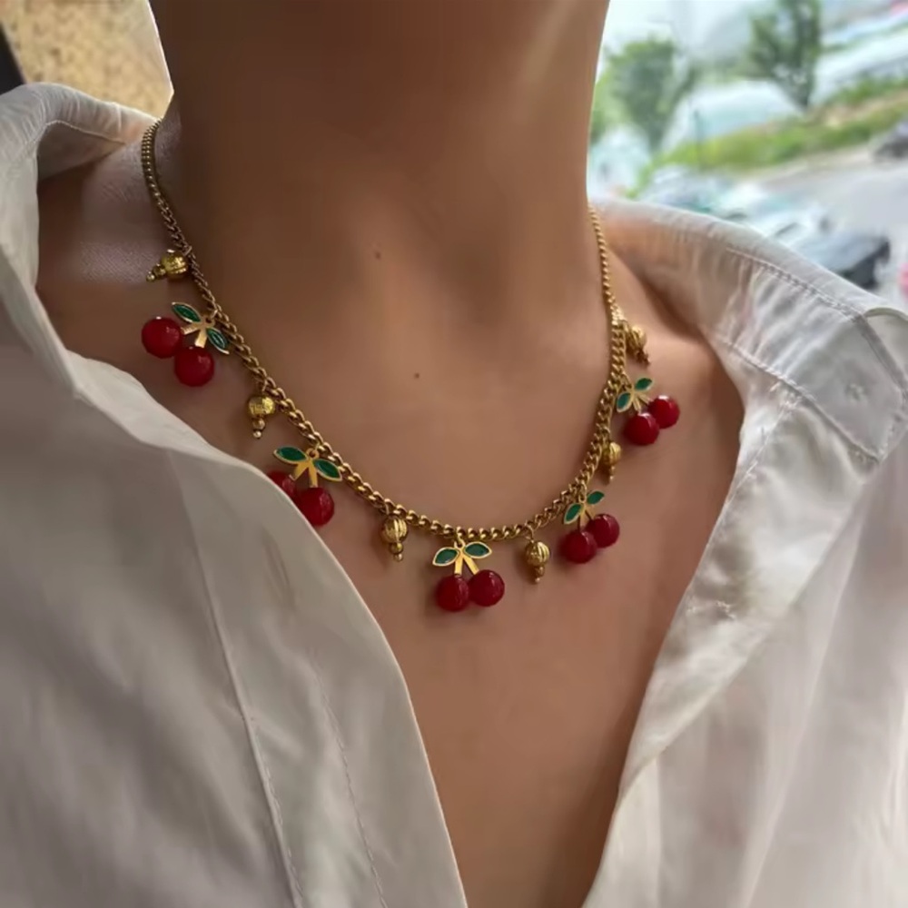 18K GOLD Cherry Charm Necklace 
Stainless Steel Gold Plated - Picture 3 of 9